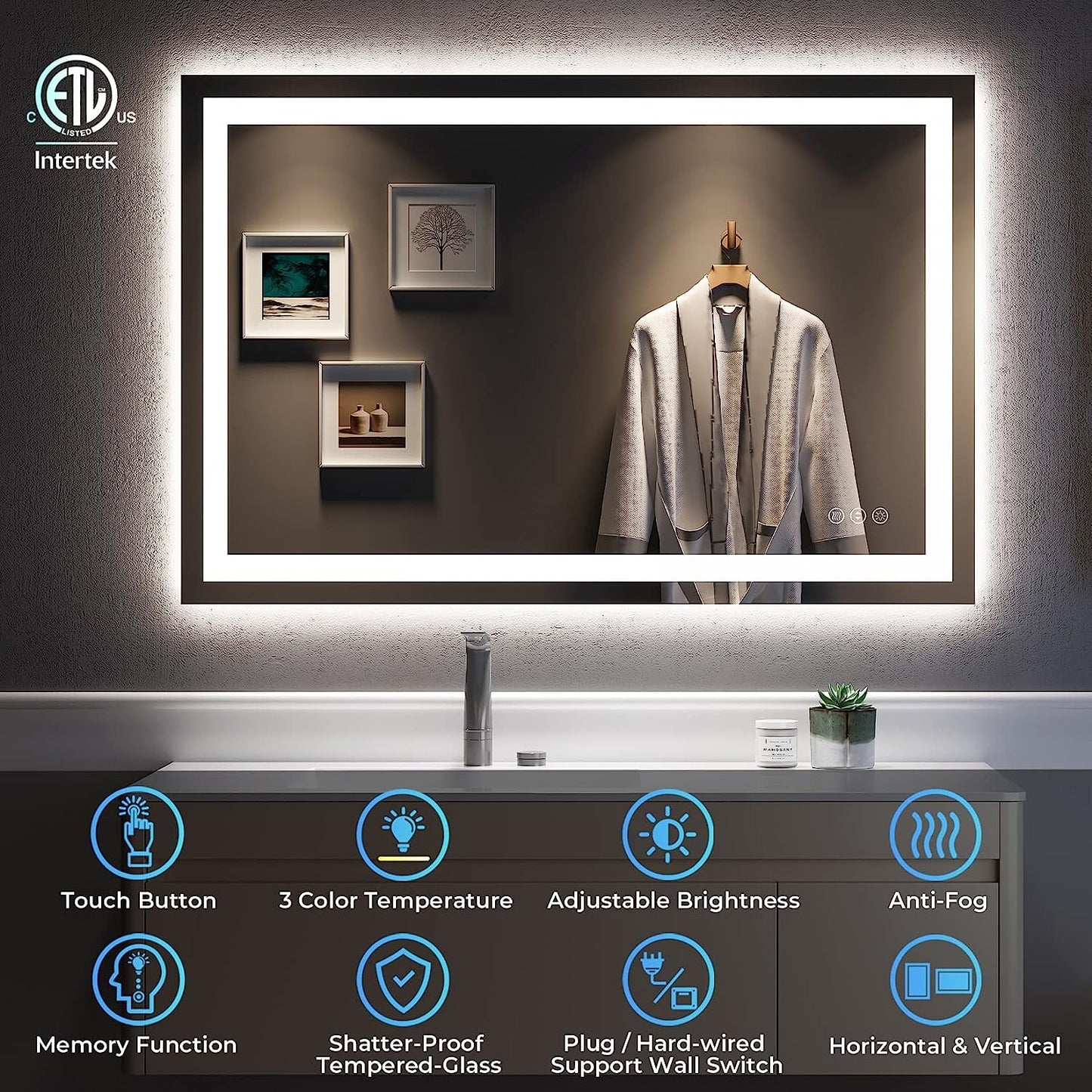 YEELAIT LED Bathroom Mirror 48x32 Inch Front and Backlit Lighted Vanity Mirror