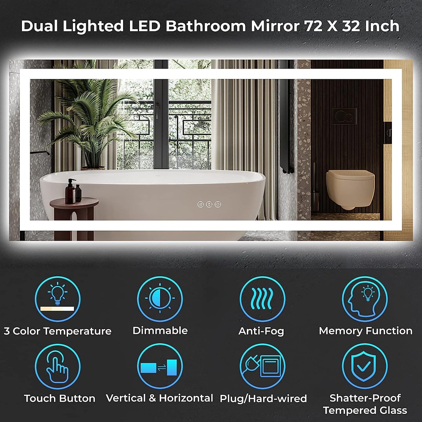 YEELAIT LED Bathroom Mirror 72x32 Inch Front and Backlit Lighted Vanity Mirror