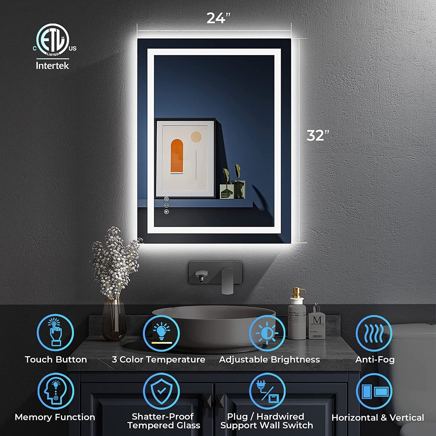 YEELAIT Backlit + Front-Lighted LED Mirror for Bathroom 24 x 32 Inch